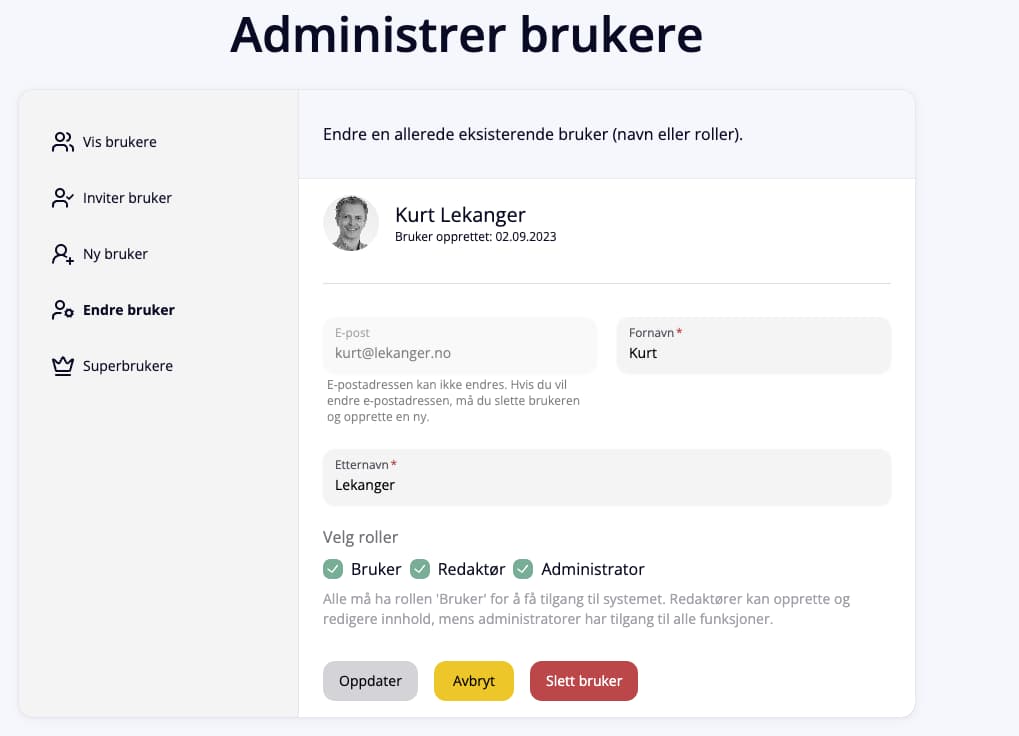 Brukeradmin-siden med liste over alle brukere og knapper for å opprette brukere.